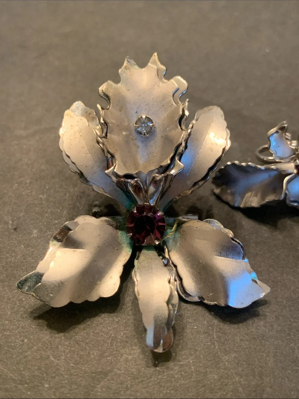Bugbee & Niles Silver Orchid Brooch w/ matching screw back earrings purple cryst